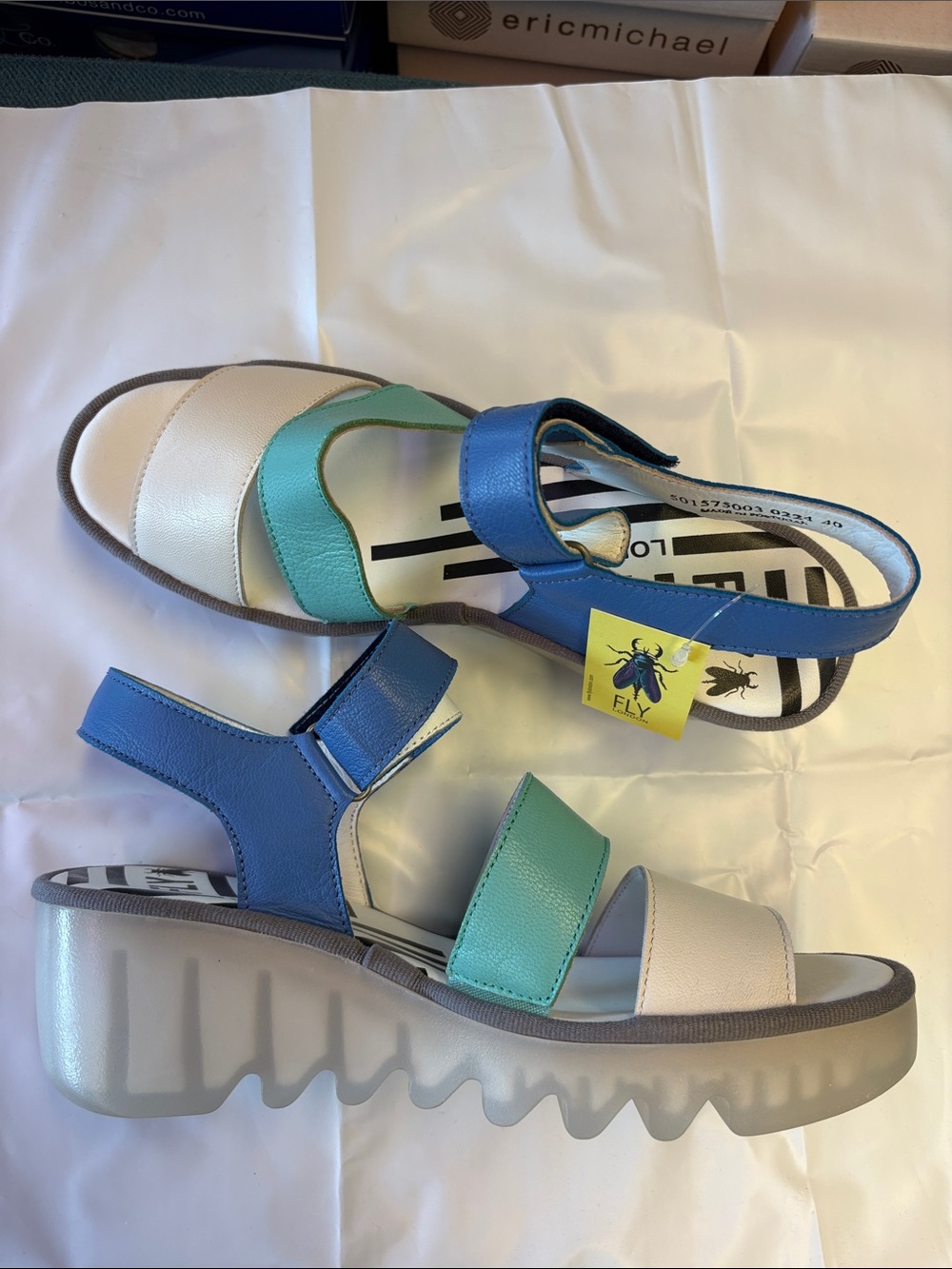 Fly London Blue, Teal & Cream Platform Sandals